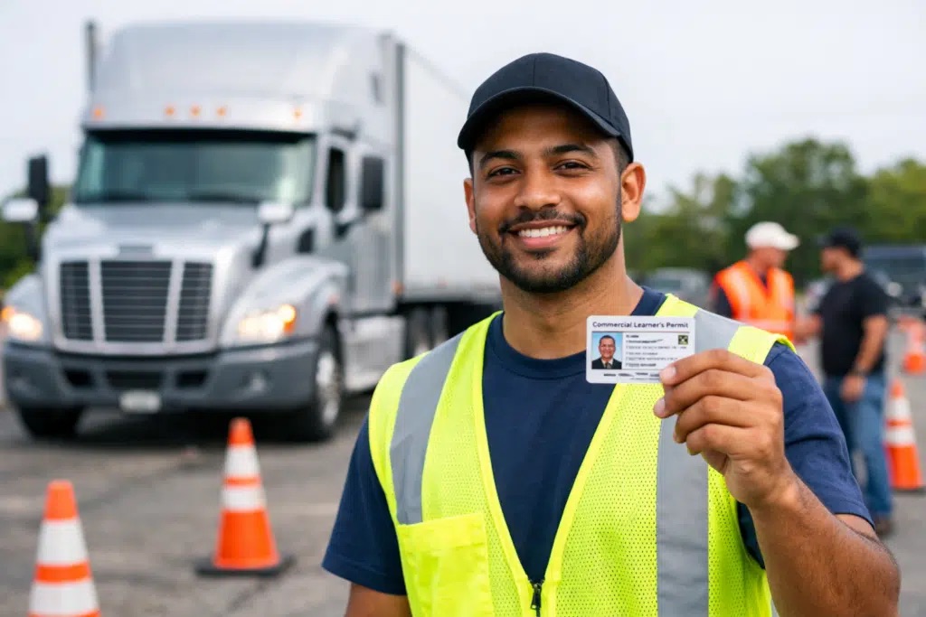 A commercial driver training participant holding a learner permit in front of a truck